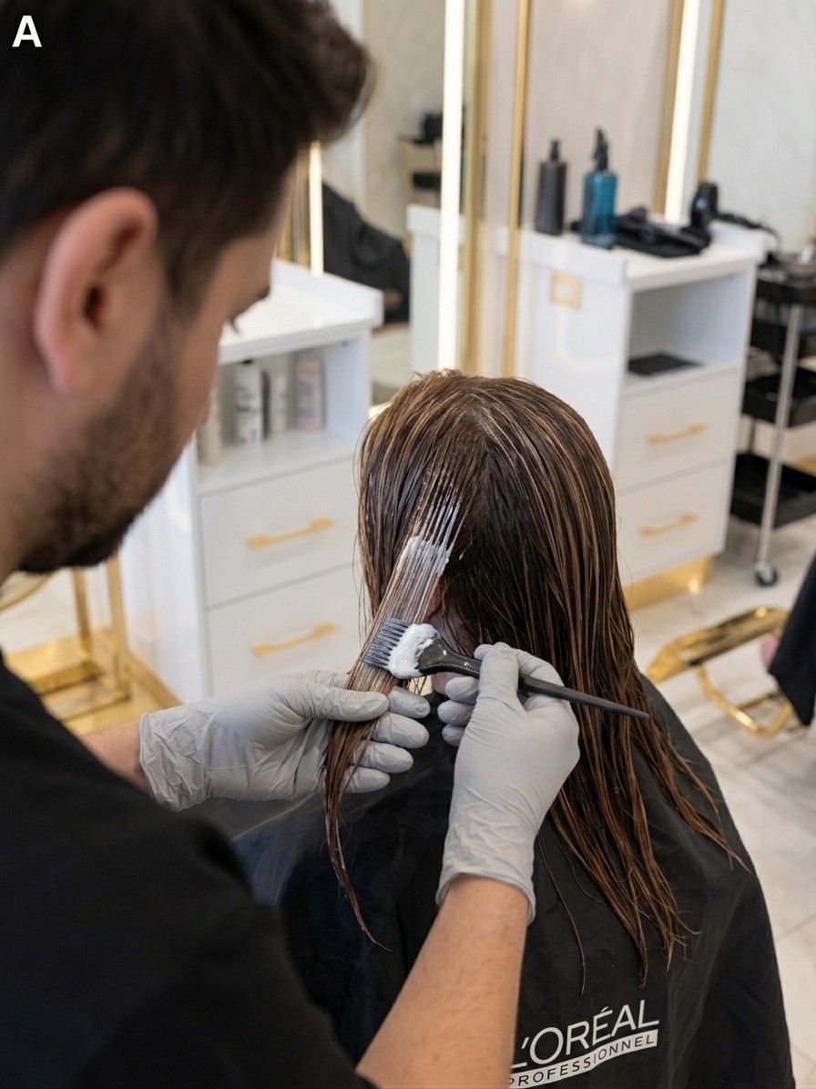 Stylist applying Nanoplastia smoothing treatment to a client's hair at Lioréa Lounge