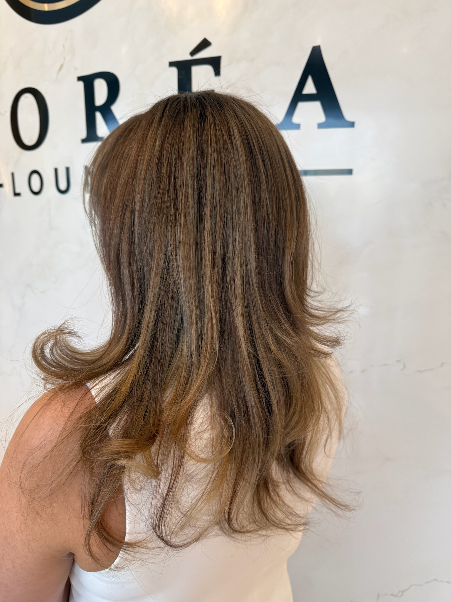 Freshly applied hair colour with highlights visible on wet hair at Lioréa Lounge